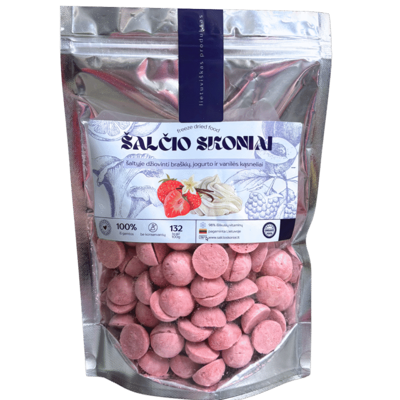 Liofilizuoti produktai ; Liofilizuoti vaisiai ; Liofilizuotos braškės ; Liofilizuoti braškių, jogurto ir vanilės kąsneliai
