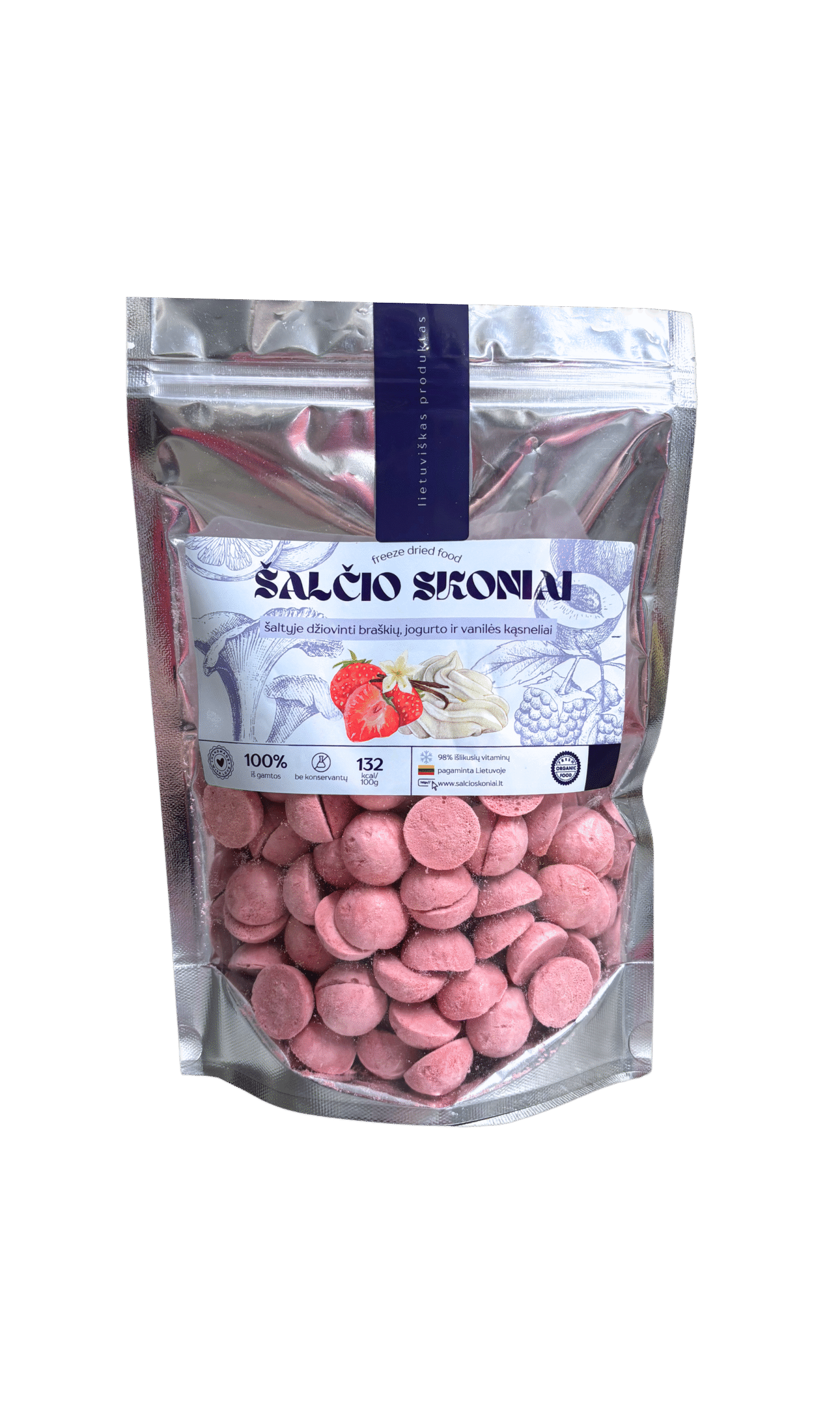 Liofilizuoti produktai ; Liofilizuoti vaisiai ; Liofilizuotos braškės ; Liofilizuoti braškių, jogurto ir vanilės kąsneliai