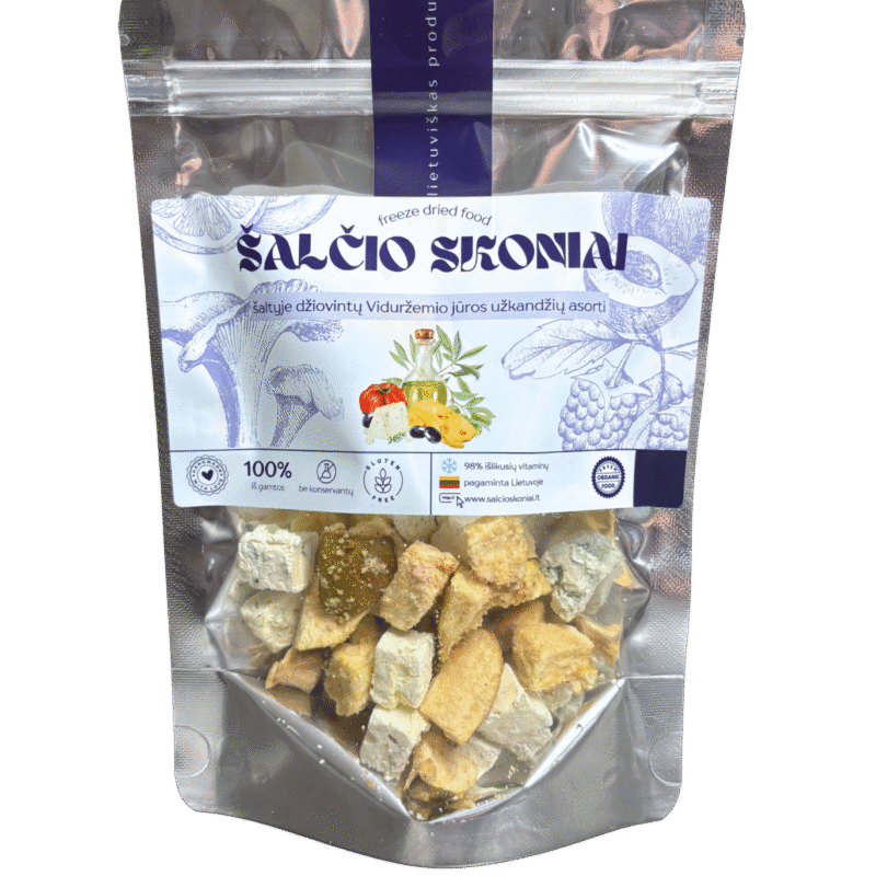 Liofilizuotų Viduržemio jūros užkandžių asorti: gorgonzola, kriaušė, graikiniai riešutai, medus