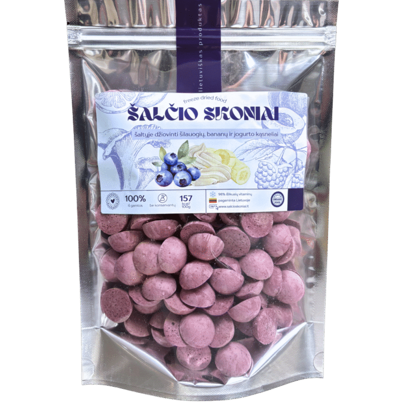 Liofilizuoti šilauogių, bananų ir jogurto kąsneliai